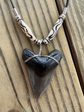 Load image into Gallery viewer, Fossilized 1 15/16 Inch Megalodon Shark Tooth Necklace with Bone Beads
