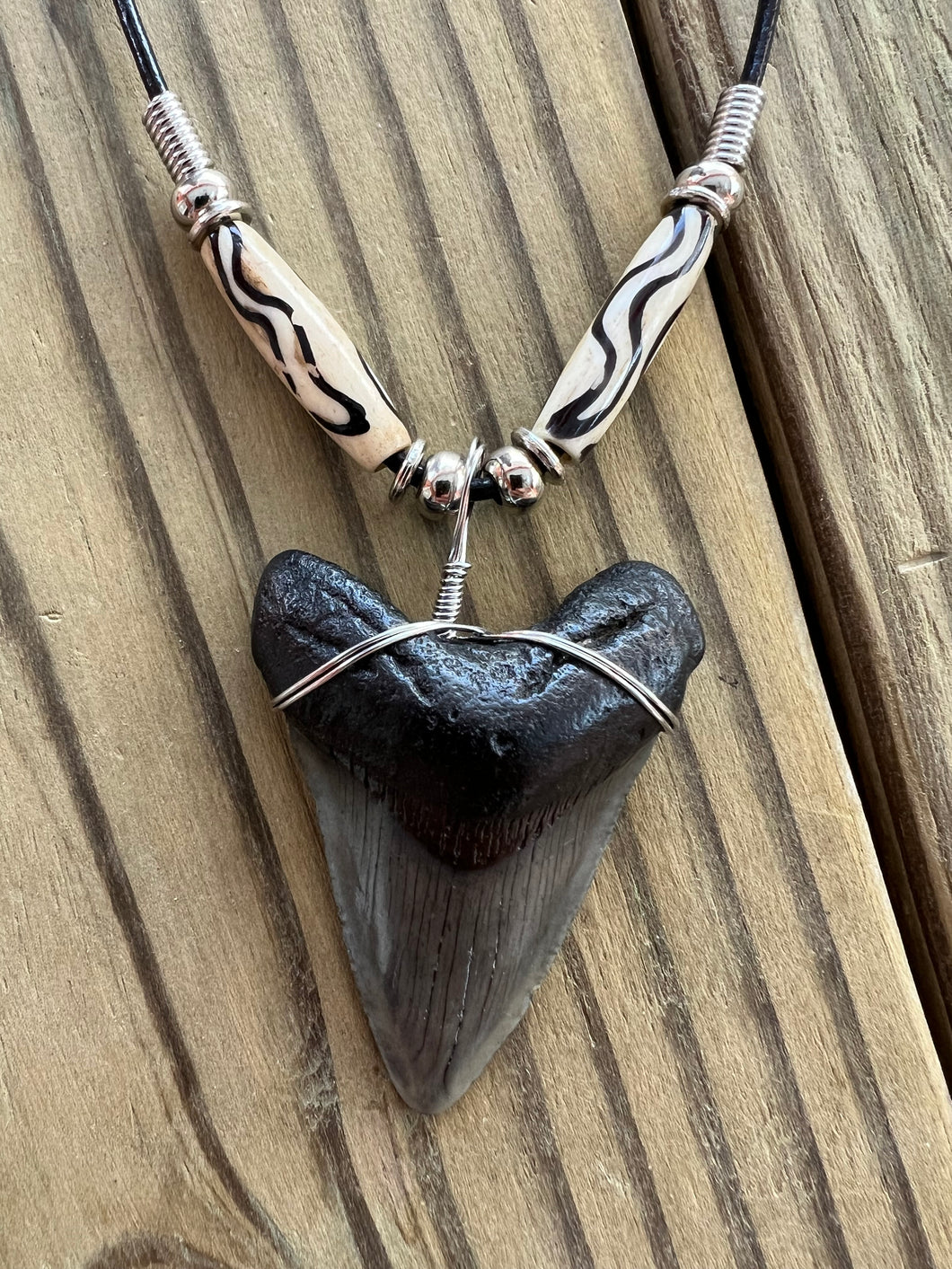 Fossilized 1 15/16 Inch Megalodon Shark Tooth Necklace with Bone Beads