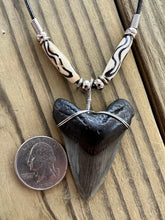 Load image into Gallery viewer, Fossilized 1 15/16 Inch Megalodon Shark Tooth Necklace with Bone Beads
