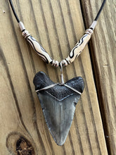 Load image into Gallery viewer, Fossilized 1 15/16 Inch Megalodon Shark Tooth Necklace with Bone Beads
