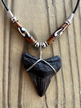Load image into Gallery viewer, Fossilized 1 3/4 Inch Megalodon Shark Tooth Necklace with Brown Bone Beads
