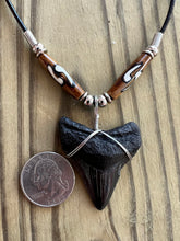 Load image into Gallery viewer, Fossilized 1 3/4 Inch Megalodon Shark Tooth Necklace with Brown Bone Beads
