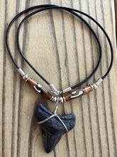Load image into Gallery viewer, Fossilized 1 3/4 Inch Megalodon Shark Tooth Necklace with Brown Bone Beads
