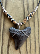 Load image into Gallery viewer, Fossilized Megalodon Shark Tooth Necklace with Tribal Bone Beads 1 13/16 Inch Tooth
