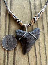 Load image into Gallery viewer, Fossilized Megalodon Shark Tooth Necklace with Tribal Bone Beads 1 13/16 Inch Tooth
