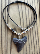 Load image into Gallery viewer, Fossilized Megalodon Shark Tooth Necklace with Tribal Bone Beads 1 13/16 Inch Tooth
