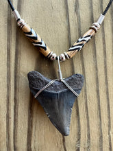 Load image into Gallery viewer, Fossilized Megalodon Shark Tooth Necklace with Tribal Bone Beads 1 13/16 Inch Tooth
