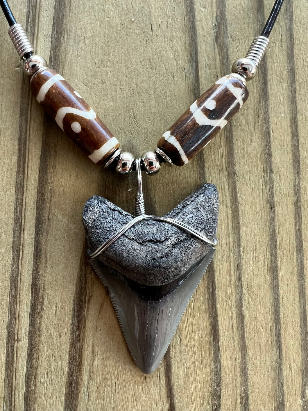 Fossil 1 7/8 Inch Megalodon Shark Tooth Necklace with Brown Tribal Bone Beads