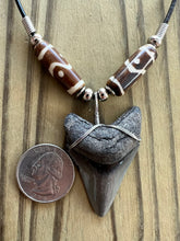 Load image into Gallery viewer, Fossil 1 7/8 Inch Megalodon Shark Tooth Necklace with Brown Tribal Bone Beads
