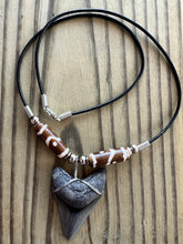 Load image into Gallery viewer, Fossil 1 7/8 Inch Megalodon Shark Tooth Necklace with Brown Tribal Bone Beads
