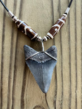 Load image into Gallery viewer, Fossil 1 7/8 Inch Megalodon Shark Tooth Necklace with Brown Tribal Bone Beads
