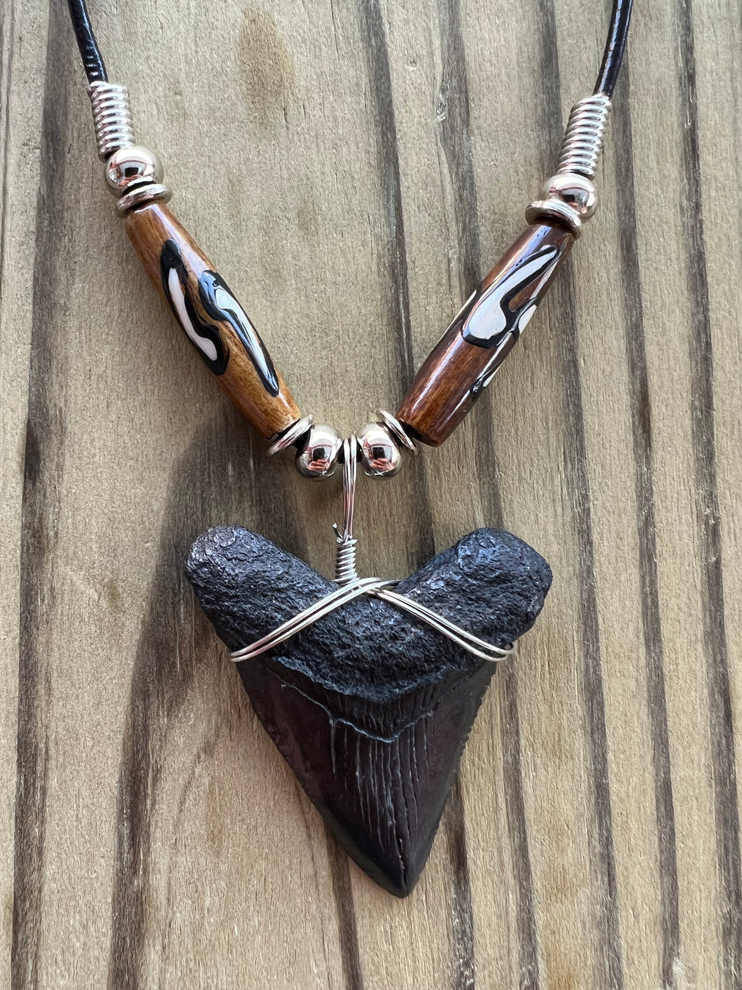 Sleek Black Megalodon Shark Tooth Necklace with Brown Bone Beads 1 11/16 Inch