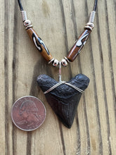 Load image into Gallery viewer, Sleek Black Megalodon Shark Tooth Necklace with Brown Bone Beads 1 11/16 Inch
