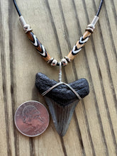 Load image into Gallery viewer, Authentic 1 3/4 Inch Megalodon Shark Tooth Necklace with Tribal Bone Beads
