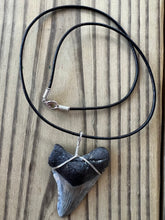 Load image into Gallery viewer, Gray and Black Fossil Megalodon Shark Tooth Necklace 2 1/4 Inch on Black Leather Cord
