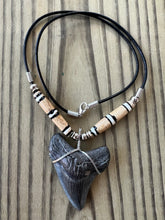 Load image into Gallery viewer, Fossil Megalodon Shark Tooth Necklace 2 1/8 Inch with Bone Beads
