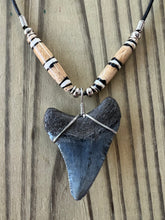 Load image into Gallery viewer, Fossil Megalodon Shark Tooth Necklace 2 1/8 Inch with Bone Beads
