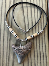 Load image into Gallery viewer, Fossilized 2 3/16 Inch Megalodon Shark Tooth Necklace with Bone Beads
