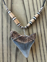 Load image into Gallery viewer, Fossilized 2 3/16 Inch Megalodon Shark Tooth Necklace with Bone Beads
