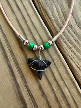 Load image into Gallery viewer, Authentic Fossilized Shark Tooth Necklace with Green Beads and Brown Leather
