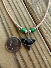 Load image into Gallery viewer, Authentic Fossilized Shark Tooth Necklace with Green Beads and Brown Leather
