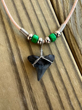 Load image into Gallery viewer, Authentic Fossilized Shark Tooth Necklace with Green Beads and Brown Leather
