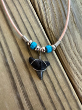 Load image into Gallery viewer, Authentic Fossilized Shark Tooth Necklace with Turquoise Beads and Brown Leather

