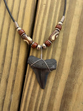 Load image into Gallery viewer, 1 3/8 Inch Fossil Mako Shark Tooth Necklace with Bone and Brown Beads

