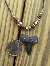Load image into Gallery viewer, 1 3/8 Inch Fossil Mako Shark Tooth Necklace with Bone and Brown Beads
