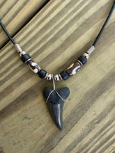 Load image into Gallery viewer, Large Fossil Mako Shark Tooth Necklace - 1 7/16" Shark Tooth With Bone Beads
