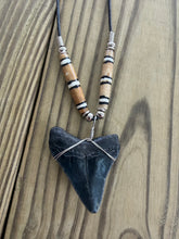 Load image into Gallery viewer, 1 13/16 Inch Megalodon Shark Tooth Necklace | Deep Black Fossil | Bone Beads
