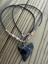 Load image into Gallery viewer, 1 13/16 Inch Megalodon Shark Tooth Necklace | Deep Black Fossil | Bone Beads
