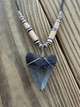 Load image into Gallery viewer, 1 11/16 Inch Megalodon Shark Tooth Necklace | Black Root Gray Blade | Bone Beads
