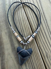 Load image into Gallery viewer, 1 11/16 Inch Megalodon Shark Tooth Necklace | Black Root Gray Blade | Bone Beads

