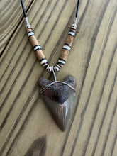 Load image into Gallery viewer, 1 13/16 Inch Megalodon Shark Tooth Necklace | Earthy Brown and Gray | Bone Beads
