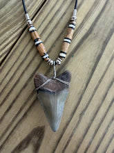 Load image into Gallery viewer, 1 13/16 Inch Megalodon Shark Tooth Necklace | Earthy Brown and Gray | Bone Beads
