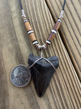 Load image into Gallery viewer, 1 3/4 Inch Megalodon Shark Tooth Necklace | Black Charcoal Fossil | Bone Beads
