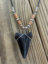 Load image into Gallery viewer, 1 3/4 Inch Megalodon Shark Tooth Necklace | Black Charcoal Fossil | Bone Beads
