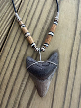 Load image into Gallery viewer, 1 7/8 Inch Megalodon Shark Tooth Necklace | Chipped Tip | Dark Brown and Gray
