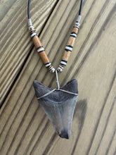 Load image into Gallery viewer, 1 7/8 Inch Megalodon Shark Tooth Necklace | Chipped Tip | Dark Brown and Gray
