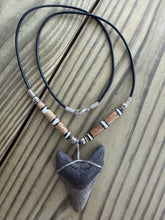Load image into Gallery viewer, 1 7/8 Inch Megalodon Shark Tooth Necklace | Chipped Tip | Dark Brown and Gray
