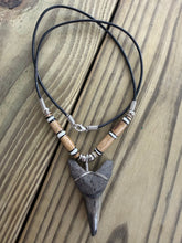 Load image into Gallery viewer, 1 15/16 Inch Mako Shark Tooth Necklace | Earthy Gray | Bone Beads
