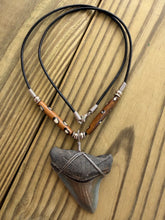 Load image into Gallery viewer, 2 1/8 Inch Megalodon Shark Tooth Necklace | Earthy Gray | Spotted Bone Beads
