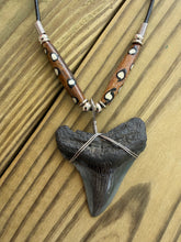 Load image into Gallery viewer, 2 3/16 Inch Megalodon Shark Tooth Necklace | Gray and Charcoal | Bone Beads
