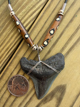Load image into Gallery viewer, 2 3/16 Inch Megalodon Shark Tooth Necklace | Gray and Charcoal | Bone Beads
