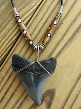 Load image into Gallery viewer, 2 3/16 Inch Megalodon Shark Tooth Necklace | Gray and Charcoal | Bone Beads
