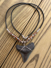 Load image into Gallery viewer, 2 3/16 Inch Megalodon Shark Tooth Necklace | Gray and Charcoal | Bone Beads
