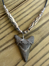 Load image into Gallery viewer, 1 7/8 Inch Megalodon Shark Tooth Necklace | Earthy Gray | Wave Pattern Bone Beads
