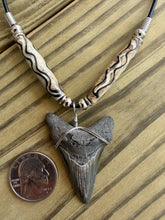 Load image into Gallery viewer, 1 7/8 Inch Megalodon Shark Tooth Necklace | Earthy Gray | Wave Pattern Bone Beads
