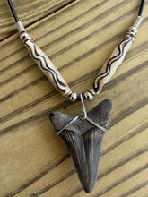 Load image into Gallery viewer, 1 7/8 Inch Megalodon Shark Tooth Necklace | Earthy Gray | Wave Pattern Bone Beads
